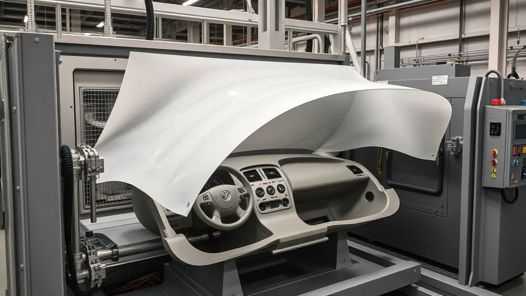 Heavy-gauge industrial vacuum forming machine shaping a large ABS automotive dashboard panel