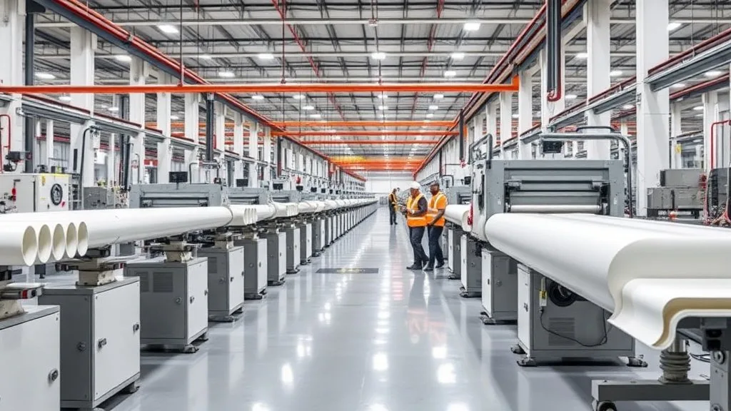 High-speed continuous plastic profile extrusion line producing rigid PVC profiles