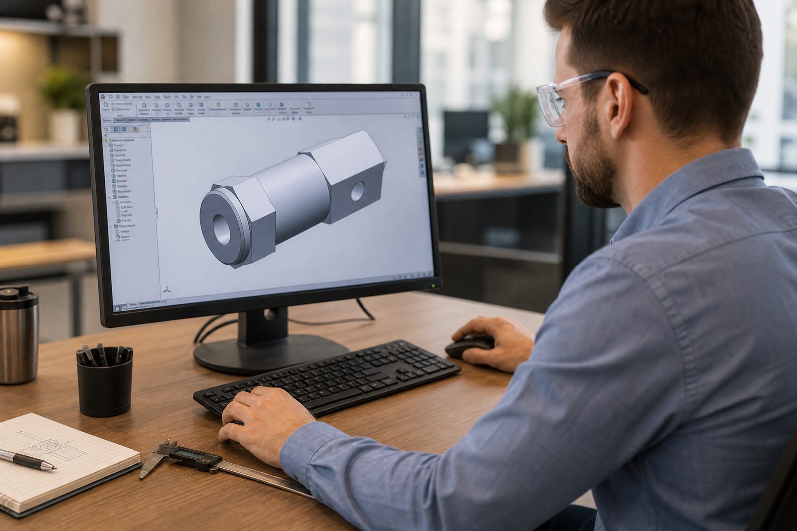 Industrial designer reviewing plastic part prototype for design for manufacturability